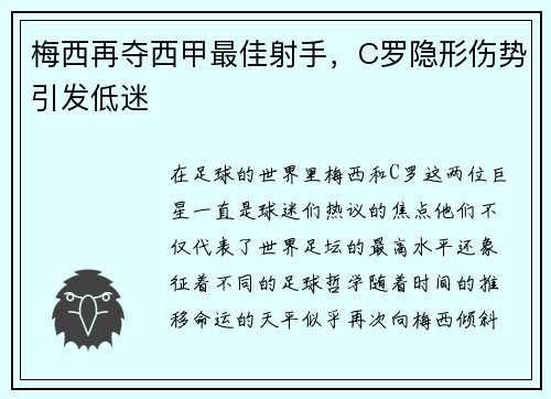 梅西再夺西甲最佳射手，C罗隐形伤势引发低迷