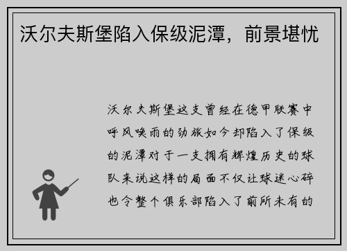 沃尔夫斯堡陷入保级泥潭，前景堪忧