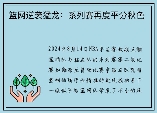 篮网逆袭猛龙：系列赛再度平分秋色