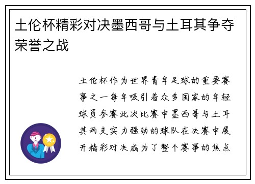 土伦杯精彩对决墨西哥与土耳其争夺荣誉之战